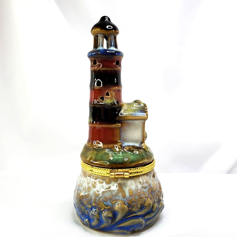 Lighthouse Trinket Box Hand-Painted Gold Butterfly Clasp 5.75" Tall Coastal - Picture 9 of 9